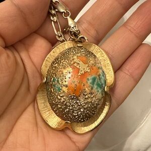 Vintage Judy lee glass milk egg Gold and Orange Pendant with 14k GF chain